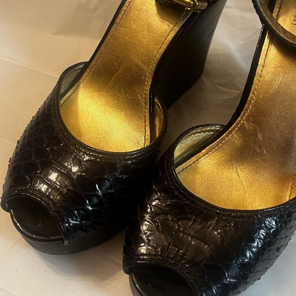 Coach Chocolate python leather open toe ankle strap wedge heels Sz 7B Women - Picture 5 of 14